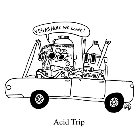 In this pun on acid trip, we see a convertible filled with three containers of acidic liquids - all wearing sunglasses, hands in the air, yelling, "Vegas, here we come!" (The liquids are orange juice, a can of soda, and vinegar.)
