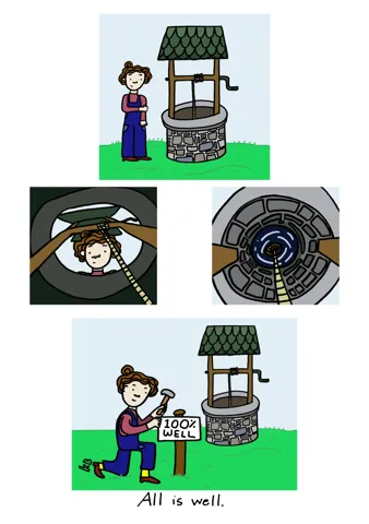 In this pun on the phrase All is Well, we see a person inspecting the exterior and interior of a wishing well before hammering in a sign in front of it that reads "100% well." Proving, of course, that all is well.