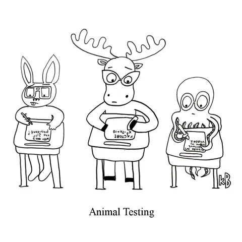 In this pun on animal testing, we see three animals - a rabbit, a moose, and an octopus -- sitting in desks taking tests. 