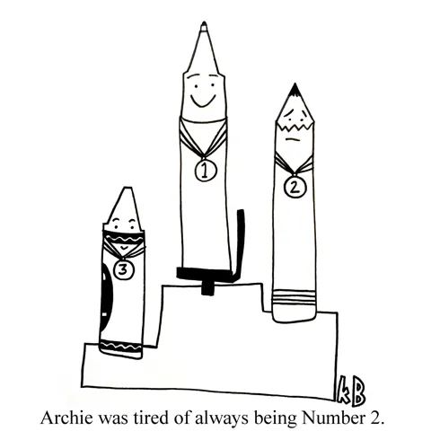 In this pun on number two pencils, we see a pencil named Archie on the victor's stand's second place step, lamenting the fact that he is always number two (like a number two pencil). Oy. 