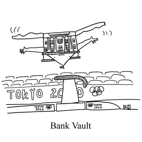 A bank demonstrates its gymnastics prowess by flipping over a vault. 