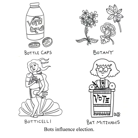 In this pun on the claim that bots are influencing elections, we see 4 bots that are not robots: bottle caps, botany, Botticelli, and Bat Mitzvahs. 