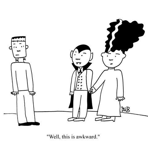 We see the (ex) bride of Frankenstein with her new beau, Dracula, running into her ex, Frankenstein. Pretty awkward. 