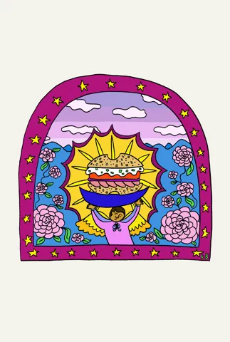 In this celebration of bagels, we see a bagel depicted ala Mary of Guadalupe, shining bright while being held up by a cherub.