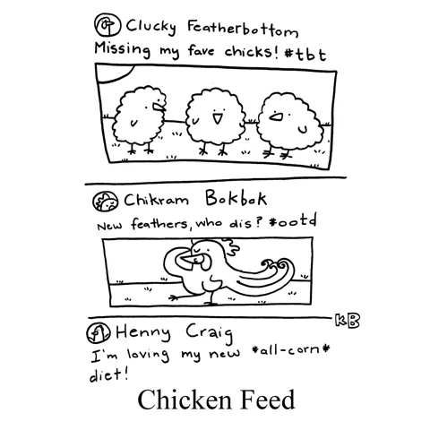 A social media feed with chicken news  in this pun on chicken feed. 