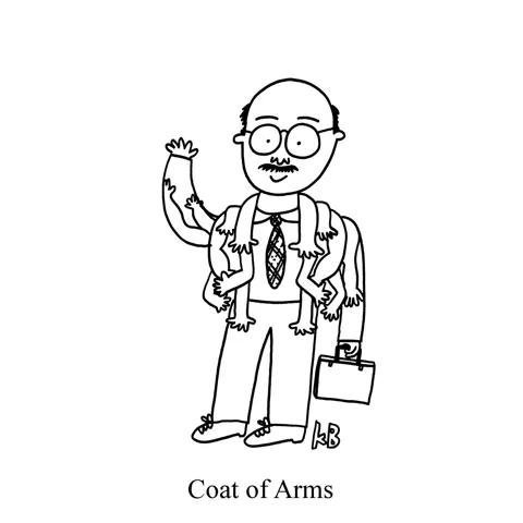 A man wears a coat made of arms. It is just as gross as it sounds. 