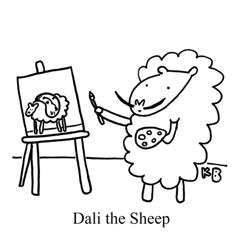 In this pun on Dolly the sheep, we see Dali the sheep - a sheep with a Salvador Dali mustache painting a melting clock on a sheep.