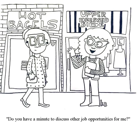 A person on the street with a clipboard and vest asks a passing person, "Do you have a minute to discuss other job opportunities for me?"