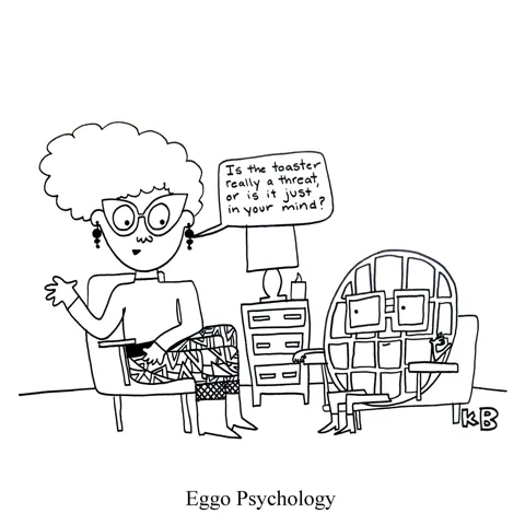 In this pun on ego psychology, we see eggo psychology, which is a therapist doing therapy with an eggo waffle. 