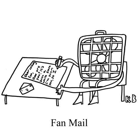A box fan writes a letter to his friend, who is a ceiling fan.