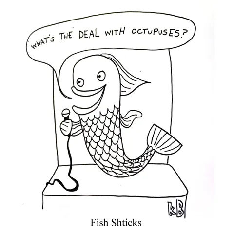 In this pun on fish sticks, we see fish schticks - a fish performing its comedy routine at an open mic. 