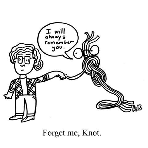 A figure 8 knot holds the hand of someone who has clearly just ended their relationship, and the knot says, "I will always remember you." 