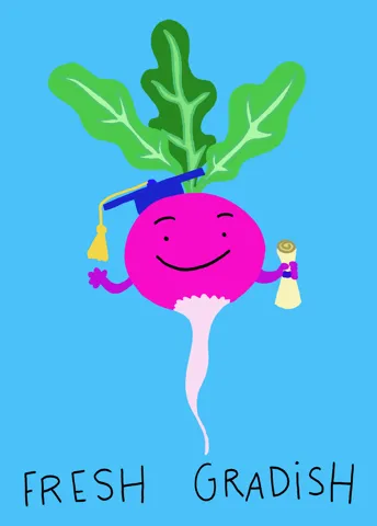 A smiling radish wears a graduation cap and holds a diploma! 