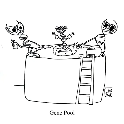 In this pun on the gene pool. we see some strands of DNA hanging out and swimming in an above-ground pool. 