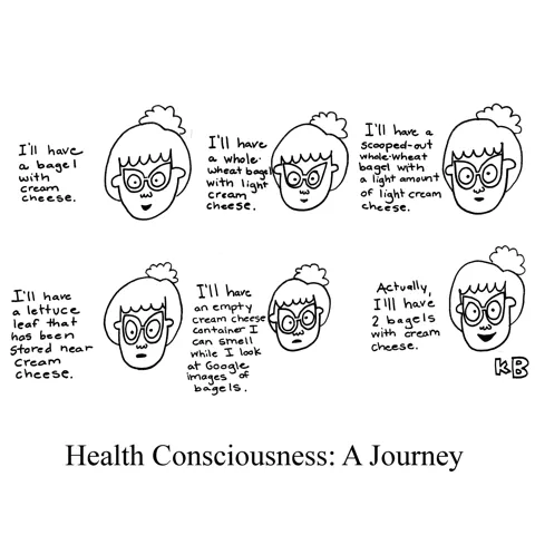 Six phases of my health journey - from order a bagel and cream cheese, to whole wheat bagels and light cream cheese, to scooped bagels, to just smelling bagels, to ordering two bagels.