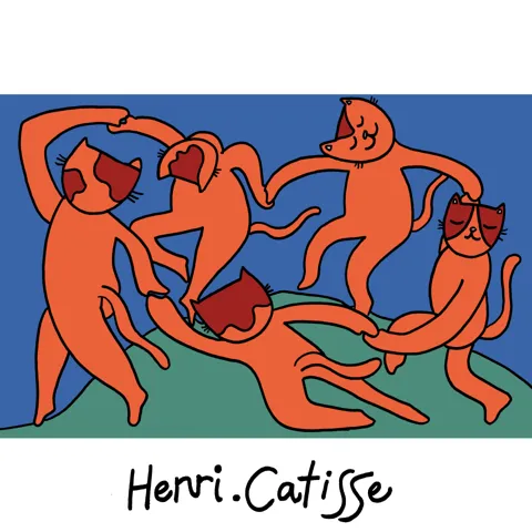 In this pun on Henri Matisse, we see his painting "The Dance," but all the dancers are cats. 