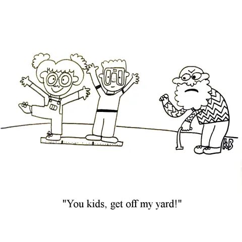 Some kids play on a yard stick and a grumpy old man yells at them to get off his yard!