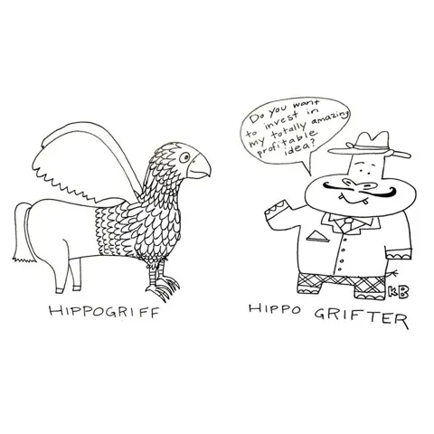 In this comparison cartoon, we see a hippogriff next two a hippo grifter, a hippo trying to lure you into his multi-level marketing plan.