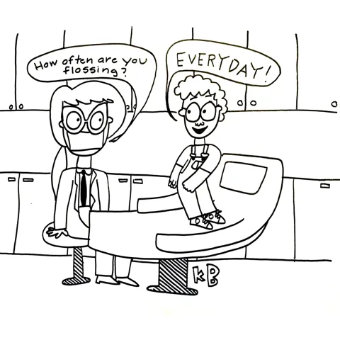 In this pun on the Fortnite dance craze of flossing, we see a pediatric dentist asking her kid patient how often he flosses, and he says, while doing the flossing dance atop the dental chair, "EVERYDAY!"