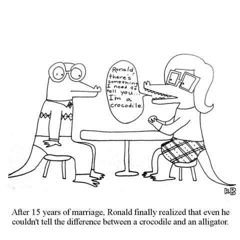 Two reptiles (seemingly alligators) are on a date, and one tells the other, "Ronald, there's something I need to tell you... I'm a crocodile." Ronald realizes that even HE, an alligator, doesn't know the difference between a crocodile and an alligator.