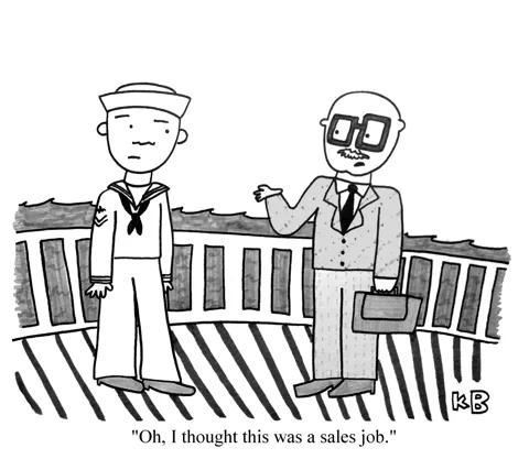 A salesman shows up to a job with a briefcase and suit and says, "I thought this was a sales job." It's on a sailboat. 