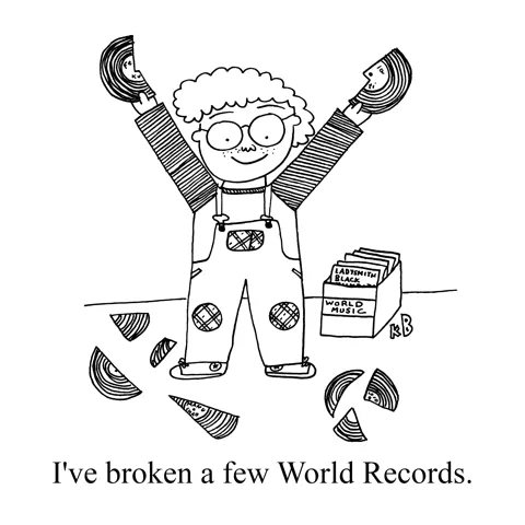In this pun on breaking world records, we see a kid surrounded by broken music records, pulled out of a box of world music. 
