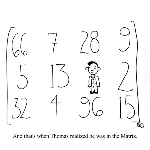 In this pun on the movie "The Matrix," we see Jack, a man having a crisis, realizing he is in the matrix, although instead of it being an alternate reality, he is in a mathematical matrix, mathematicians' worst nightmare! 