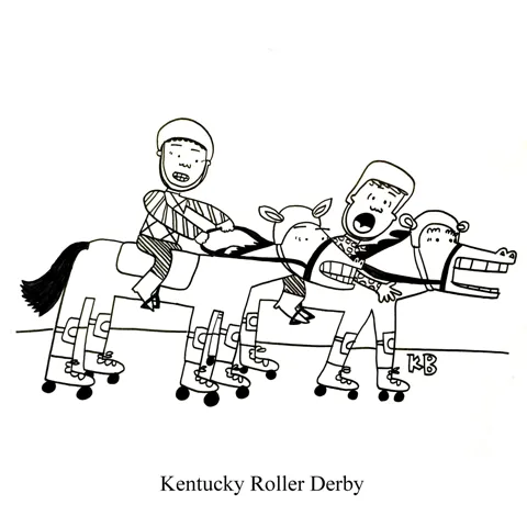 In this mash up of the Kentucky Derby horse race and roller derby, we see distraught jockeys riding distraught horses who are wearing rollerskates. 