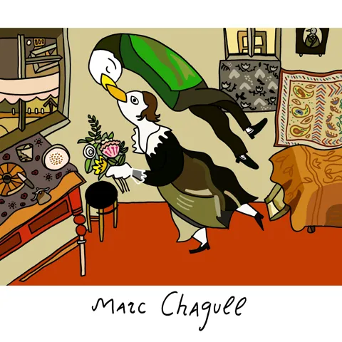 A pun of Marc Chagall, where we see his painting "The Birthday," except the kissing people are seagulls. 