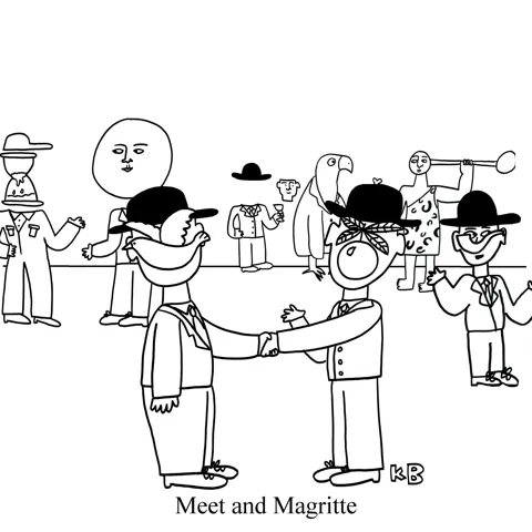 Some of the key figures from Magritte's artwork network and shake hands. 