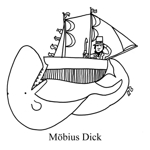 In this pun on Herman Melville's Moby Dick and a mobius strip, we see a mobius strip made up of the white whale connected to Captain Ahab's ship, The Pequod. 