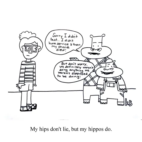 In reference to the Shakira song, "My Hips Don't Lie," a person claims that her hips don't lie, but her hippos do, as her hippos give her lie excuses. 
