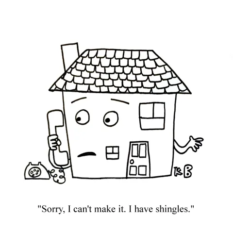 A house is on the phone and tells a friend that it has shingles.