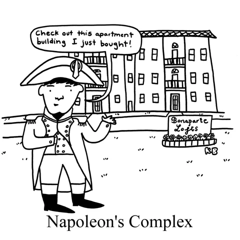 In this pun on inferiority complex Napoleon Complex, we see Napoleon Bonaparte showing off his new apartment complex. 