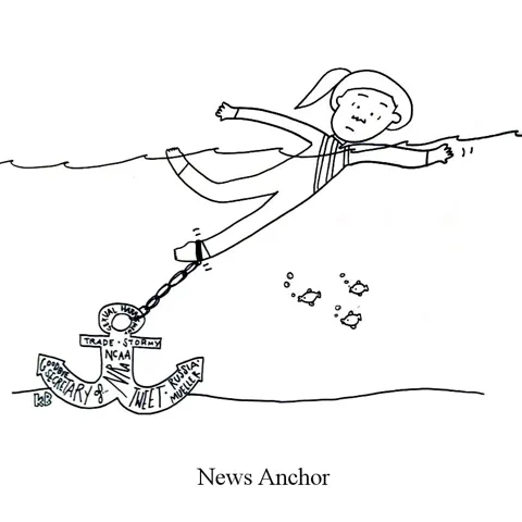 We see a swimmer trying to make progress in the water but being weighed down by an anchor with the weekly news printed on it. 