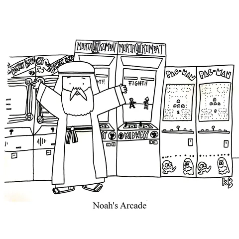 In this pun on Noah's ark, we see Noah's arcade, an arcade with two of every video game (2 Donkey Kongs, 2 Mortal Kombats, 2 Pac-mans, presumably 2 non-functional Dance Dance Revolutions).