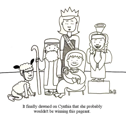 A beauty pageant contestant accidentally winds up in a children's Christmas pageant. 