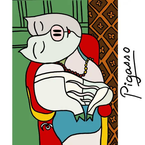 In this pun on Pablo Picasso, we see his painting "The Dream," but the woman is a pig.