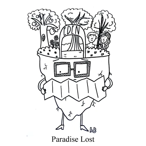 A chunk of land with the the Garden of Eden on it looks at a map. This must be what Milton's Paradise Lost is about. 