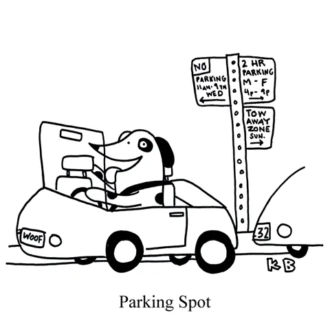 In this pun on parking spot, we see Spot, a dog, parking a dog next to a very complicated parking sign. 