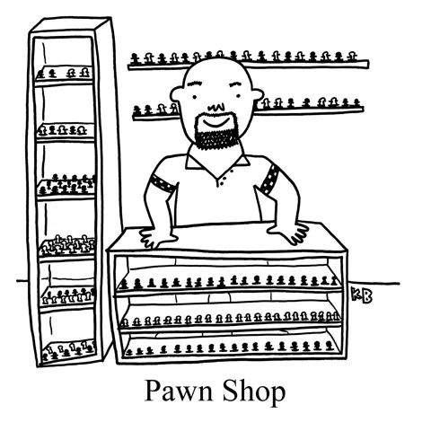 In this pun on pawn shop, a man stands behind the counter of his store, which sells exclusively chess pawns.