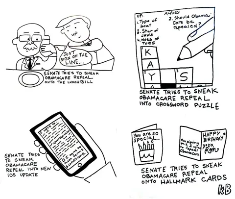 We see several sneaky places where the Republicans are trying to hide the Obamacare repeal (in a lunch bill, a crossword puzzle, an iOs update, and Hallmark Cards)