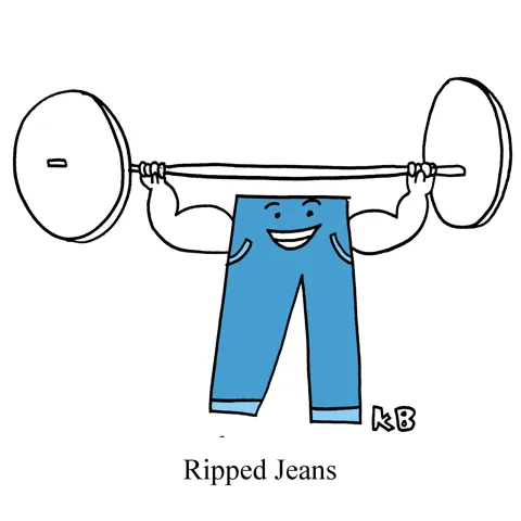 In this pun on ripped jeans, we see some swole jeans lift some weights. 