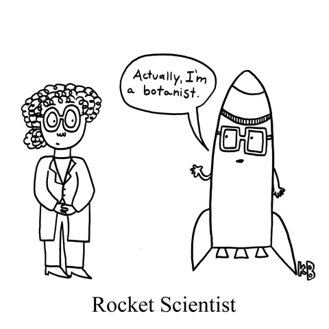 A human scientist talks to a rocket, who is also a scientist. The rocket, however, is not a rocket scientist, but a botanist. 