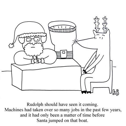 Santa tells Rudolph that he is being replaced by a high-power flashlight. 