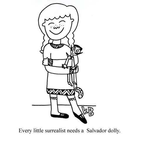 A girl loving holds her dolly - which is a Salvador Dali dolly. 