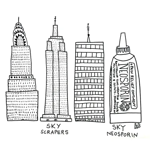 In this comparison cartoon, we see sky scrapers next to sky neosporin (presumably to clean up all the sky boo-boos that the scrapers scrape.) 