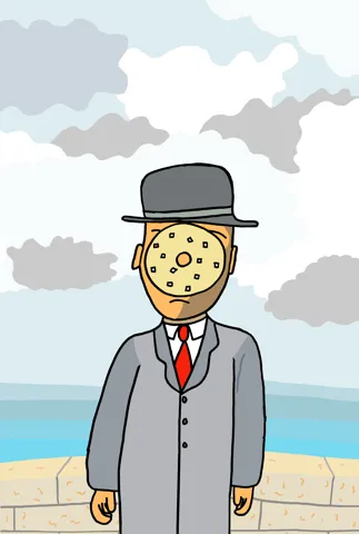 In this pun of Son of Man--Magritte's iconic painting of a man with an apple in front of his face--a man's face is obstructed by an onion bagel. 