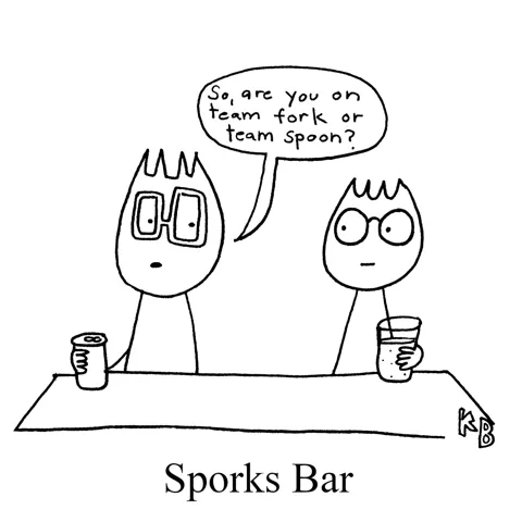 In this pun on a sports bar, we see a sporks bar - a bar with two sporks as patrons discussing whether they are team fork or team spoon.