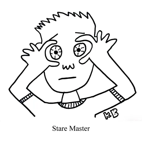 In this pun on the exercise machine The Stair Master, we see the stare master, which is just a guy who is really good at staring. 
